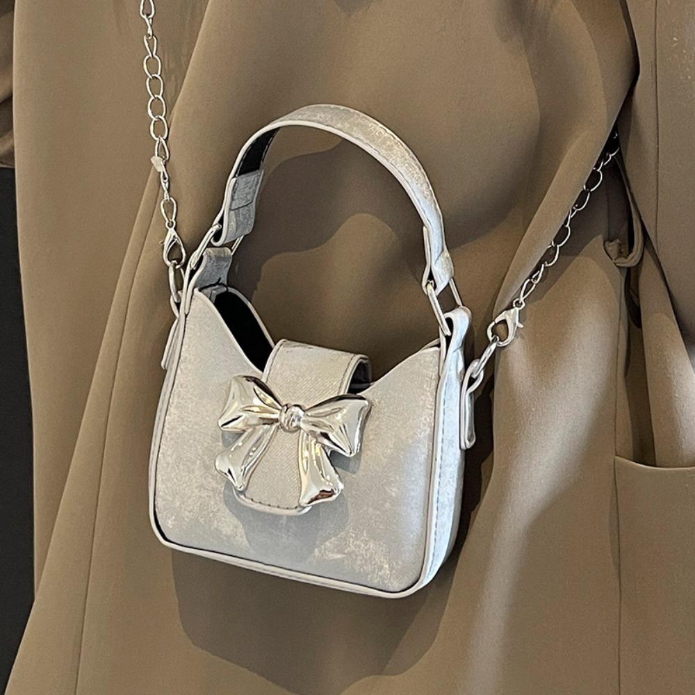 Handbag Bow Buckle PU Bag Pu Leather Women's Shoulder Bag Casual Silver Bucket Bag Storage phone