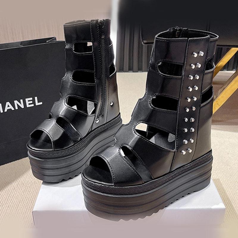 Fashion Fashion Women's Roman Sandals Summer Ultra High Heel Wedge Platform Shoes Side Zip Open Toes Solid Color Sexy Sandalias De Mujer