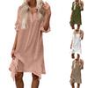 Women's Summer Solid Color Cotton And Linen V-Neck Long Sleeve Button Midi Dress