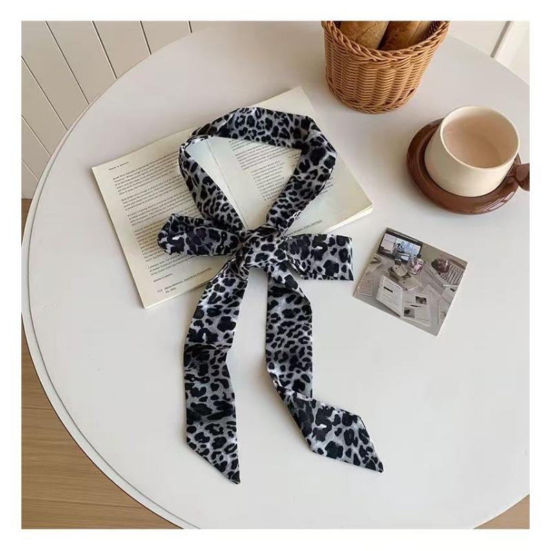Leopard Print Long Silk Scarf Retro Neck Protector Scarf Small Wrist Millennial Fashion Streamer Belt Belt Tied Hair Band