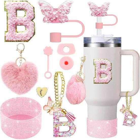 9PCS Accessory Set for Stanley Cup 30oz 40oz Butterfly Straw Cover Cap Silicone Boot Charm Initials Sticker Spill Proof Stopper Cup Holders 5