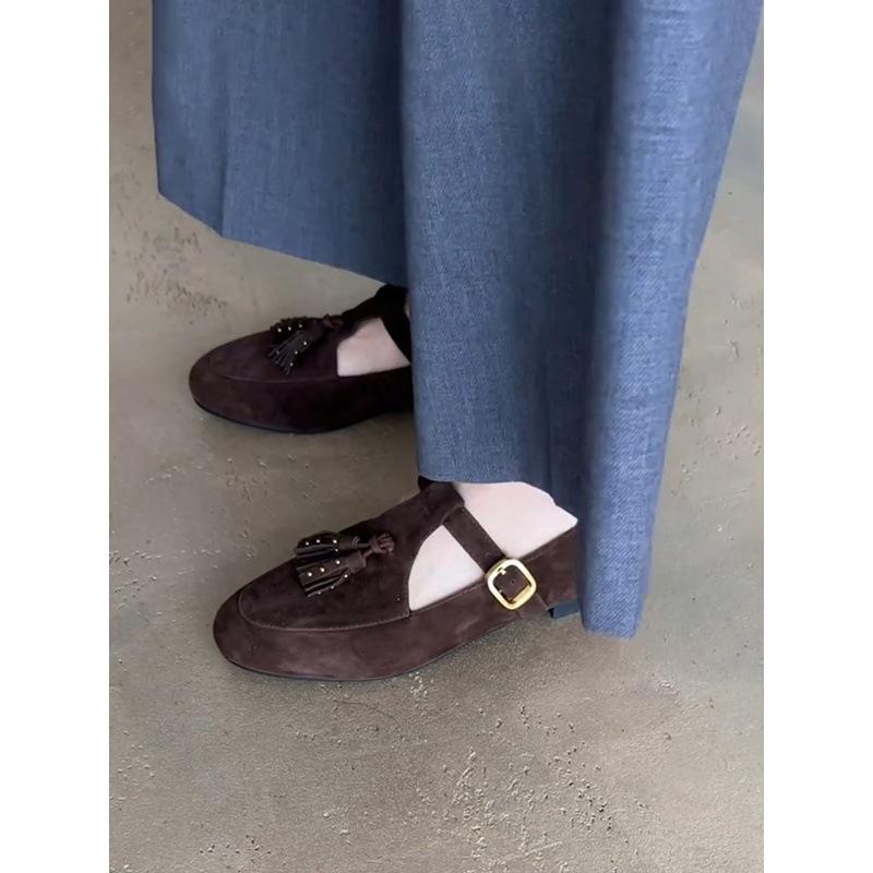 Cowhide Version~ Genuine Leather Niche Fringed Genuine Leather Light Mouth Single Shoes T-buckle Belt Mary Jane Shoes Women's Flat Bottom