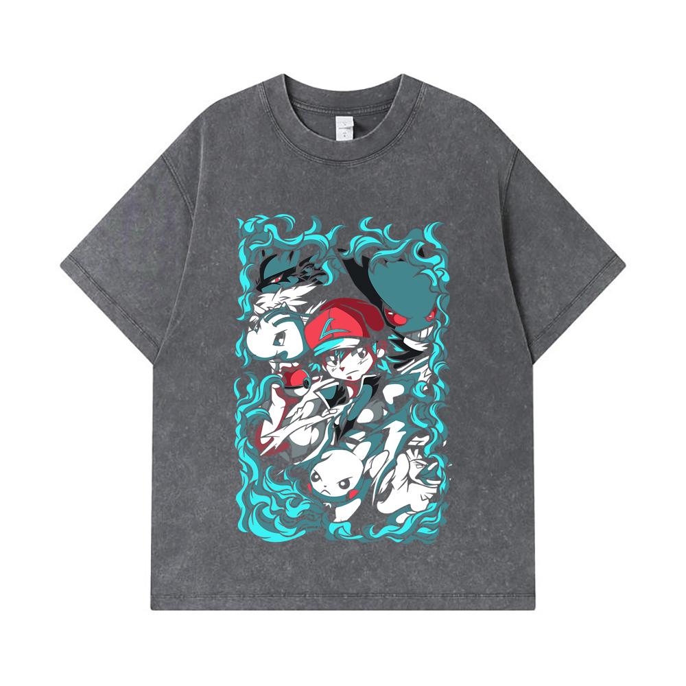 Стиранные футболки 275 г/м² 100% Хлопок Печать Pokemon V26 Унисекс Футболка из плотного хлопка