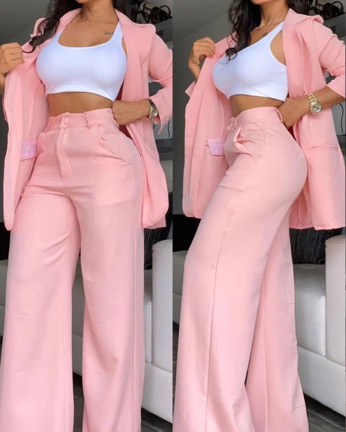 2024 Women's Elegant Solid Color Suit with Slit Sleeve Lapel and Straight-Leg Pants