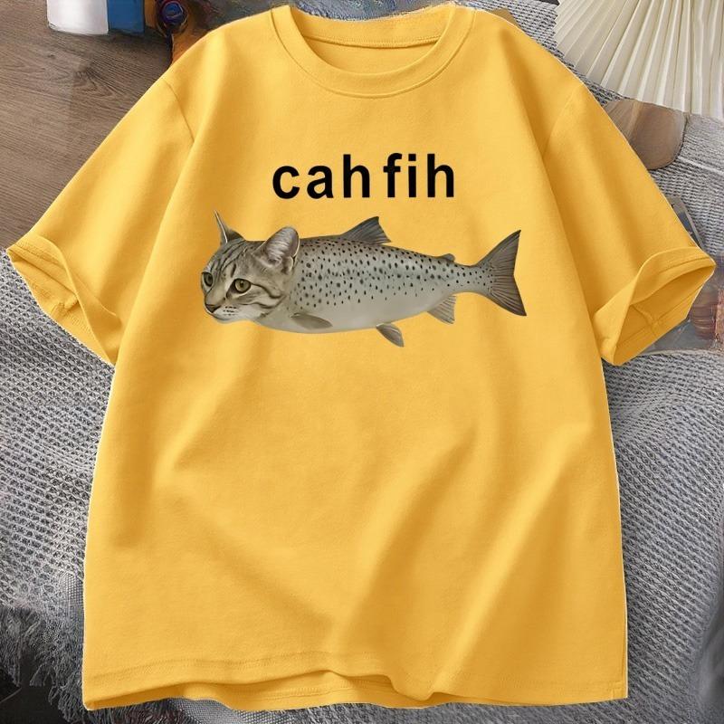 Cah Fih TShirt Fih Funny Mispelled Fish Meme T Shirt Cat and Fish Graphic Humor Tshirt Casual Cotton Short Sleeve Clothes Tops