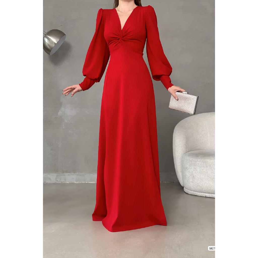 Black Crepe Fabric Front Knot Detail Maxi Length Long Sleeve Double Slit Dress