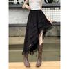 Chic Asymmetrical Long Skirt Women Spliced Lace High Waisted Folds A Line Skirts New Fashion Streetwear Women's Black Skirt