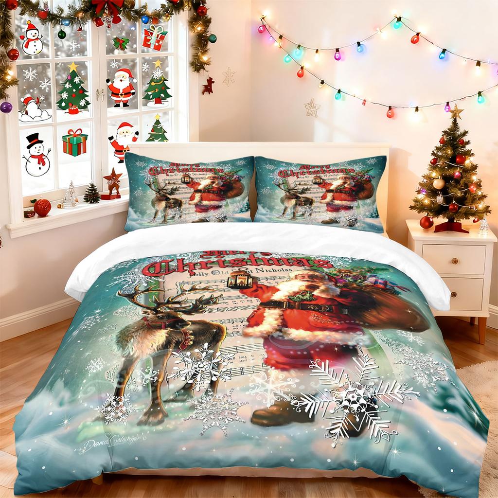3pcs Santa Claus Print Coreless Duvet Set, Multi Size Bedroom, Dormitory Bedding, Holiday Decoration, Machine Washable