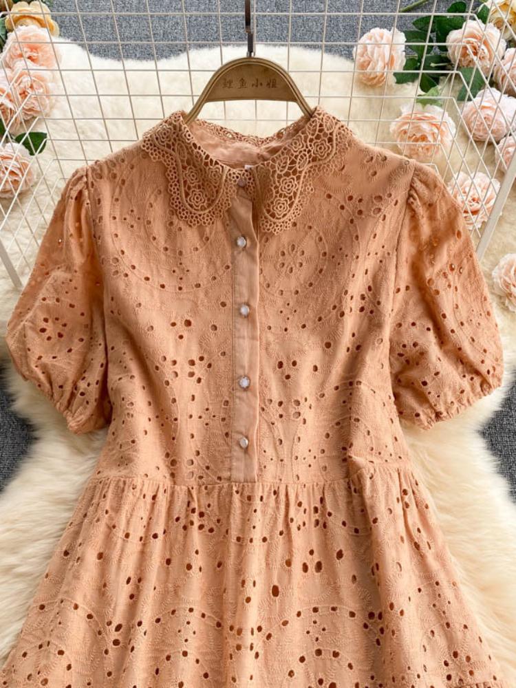 New Elegant Hollow Out Embroidered Polo Bubble Sleeves Loose Bohemian Vacation Dress Womecasual Dresses for Women
