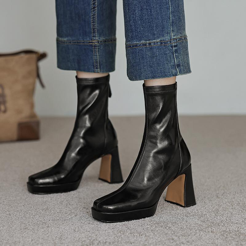 Krazing Pot Microfiber Autumn Winter Shoes Thick High Heels Platform Boots Square Toe Keep Warm Zipper Ankle Boots