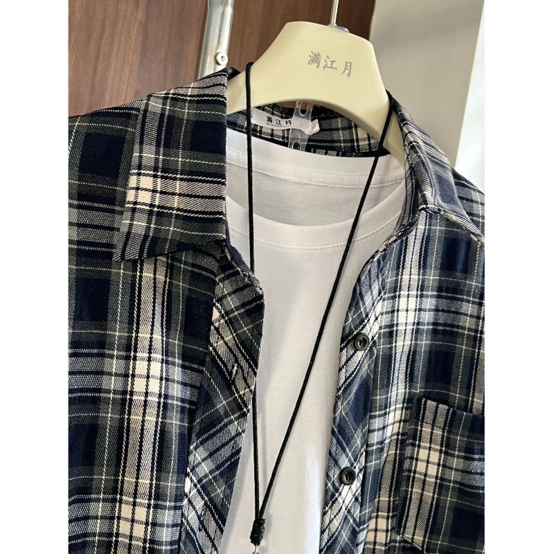 Man Jiang Yue Navy Blue Plaid Women's Long Sleeve Shirt - Hong Kong Style Chic & Lightweight