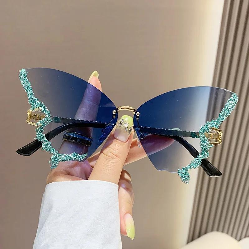 New Luxury Rimless Anti Blue Light Butterfly Sunglasses Ladies Fashion Unique Outdoor Eye Protection Eyewear Diamond Goggles