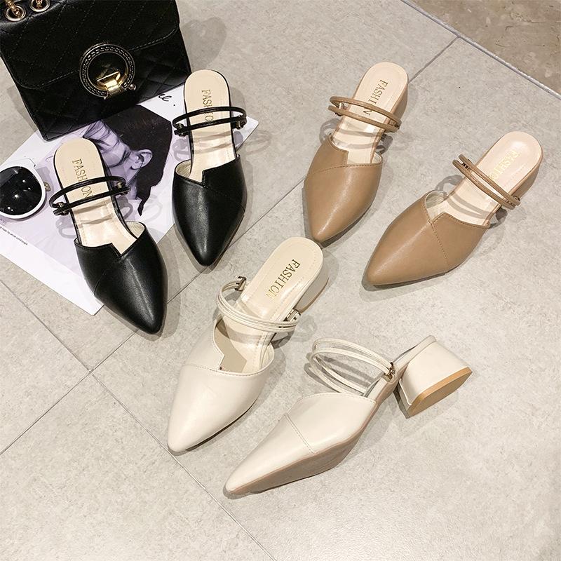 Baotou Sandals Women's Summer Outer Wear Women's Skirt Temperament Thick Heel Pointed Half Slippers Single Shoes High Heels