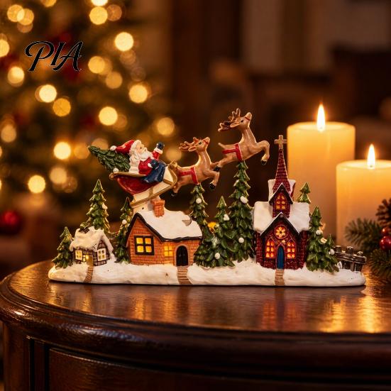 Miniature Snow Cabin Christmas Village House Figurine, Santa Claus Reindeer Sleigh Holiday Tabletop Ornaments Decoration for Shelf Desk Decor