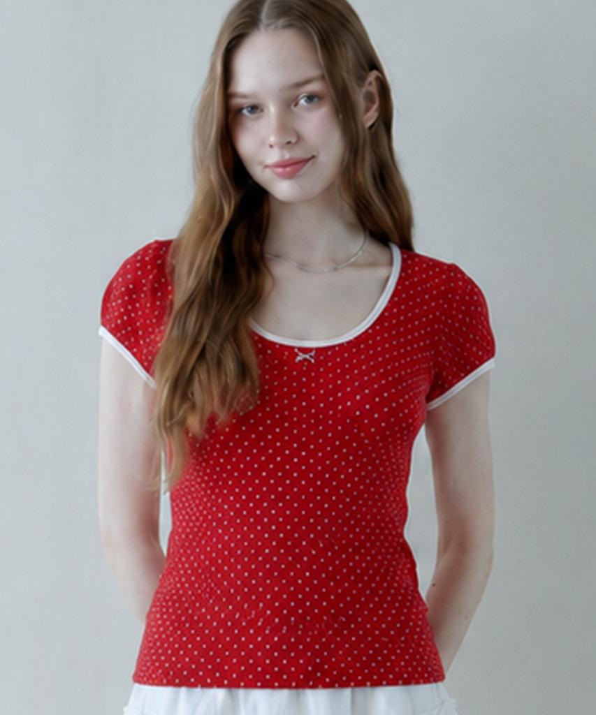 PINK PINEAPPLE Dotty Ribbon Shirring T-Shirt_Red