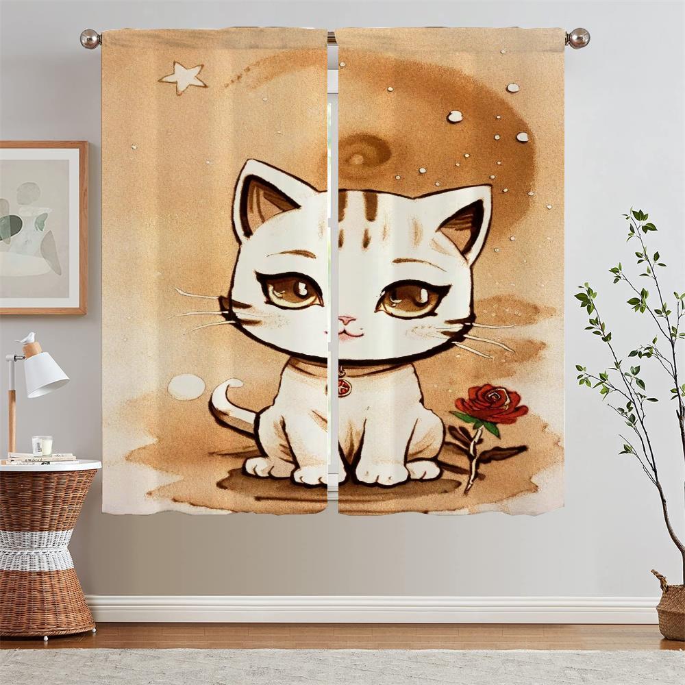 Shade Curtain for Living Room Cute Cat In Sand Painting Style Blinds Kitchen Curtains 2 Pieces Window Curtains Home Partition