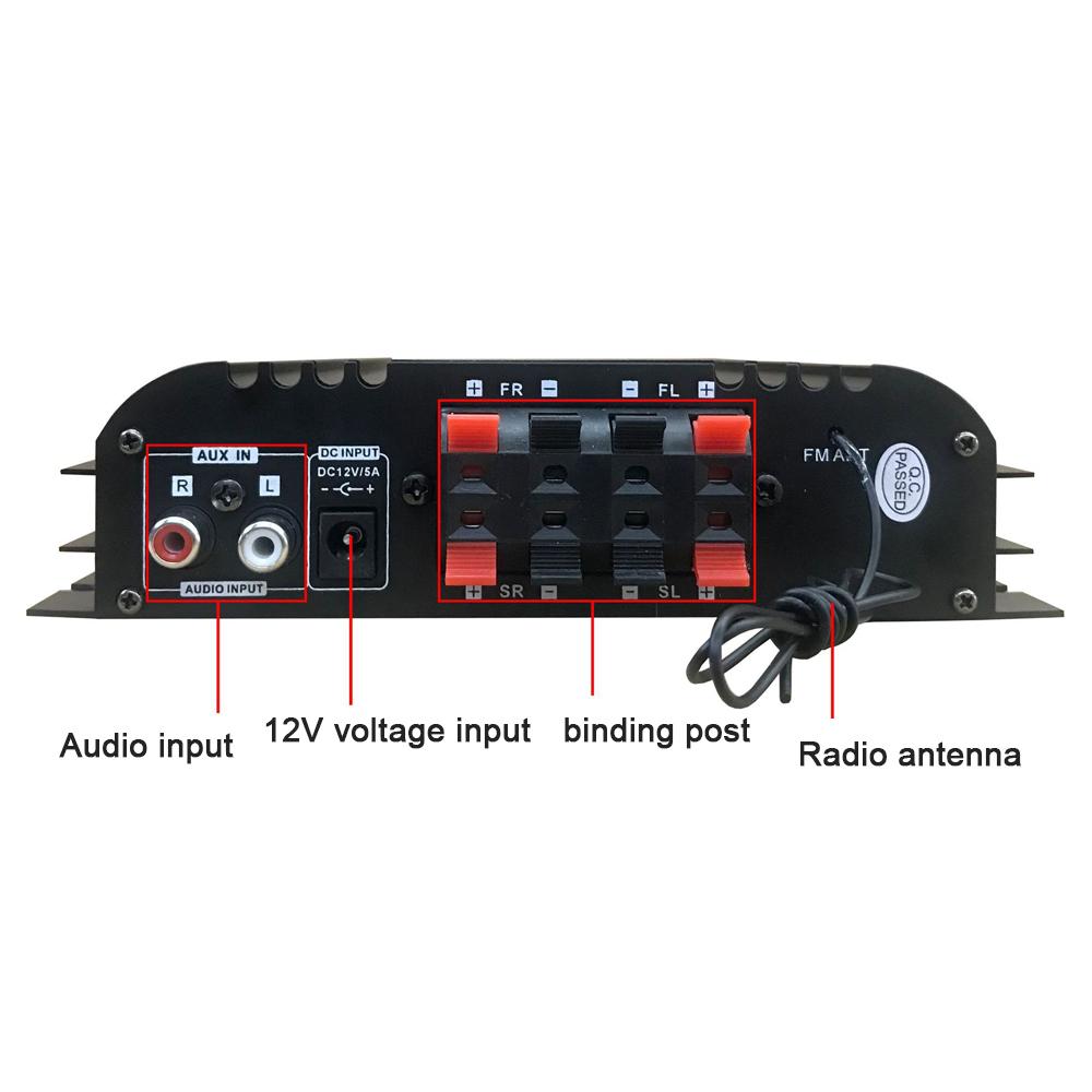 Car BT5.0 Audio Power Amplifier 4 Channel Home Theater Stereo Receiver 12 V with FM Radio
