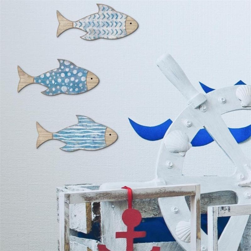 3Pieces Handcrafted Wooden Fish School Wall Hanging Sculpture Ornaments For Coastal Nursery Decors Beach Theme Design