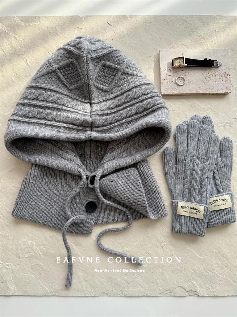 Korean Style Wool Balaclava & Twisted Gloves Set for Women - Perfect for Autumn and Winter