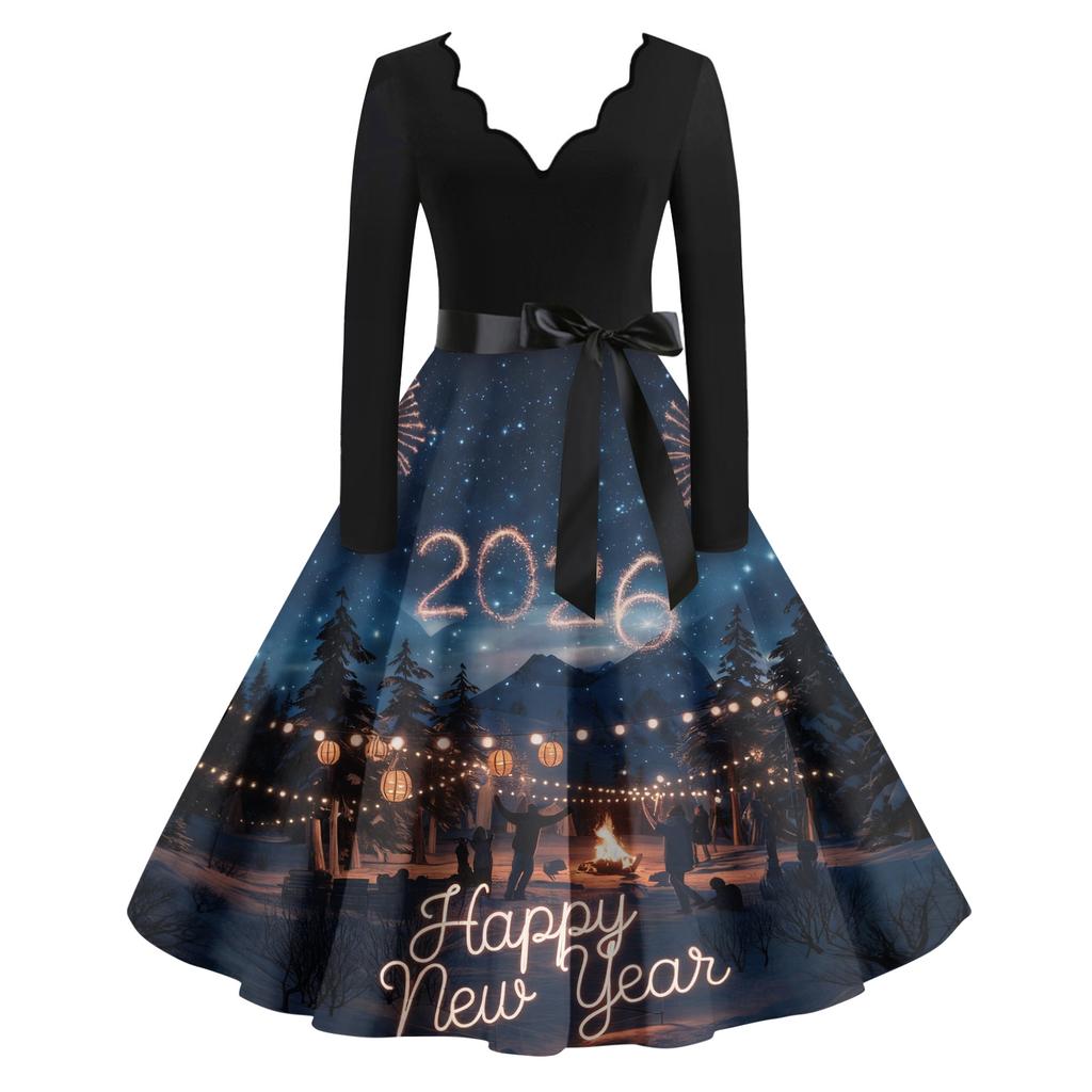 Женское повседневное модное платье винтажного стиля с V-образным вырезом и новогодним принтом