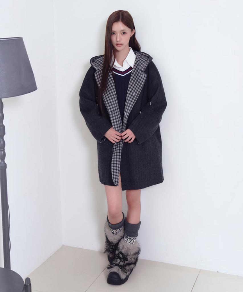 THE GREEN LAB Check Color Block Hooded Half Coat [Charcoal Gray]