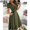 Women's Fashion Summer Spring Solid Color Print Short Sleeve POLO Neck High Waist Casual Dresses