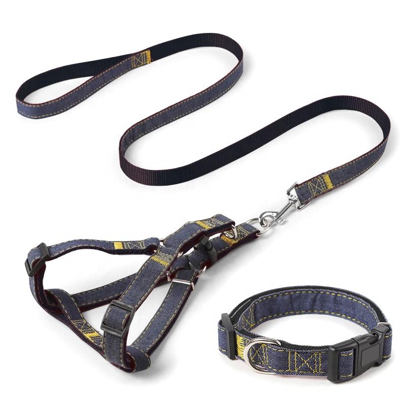 Premium Quality Durable Denim Dog Leash Harness Set Stylish Fur Collar Simple Design Small Medium Sizes for Cats Furry Friends