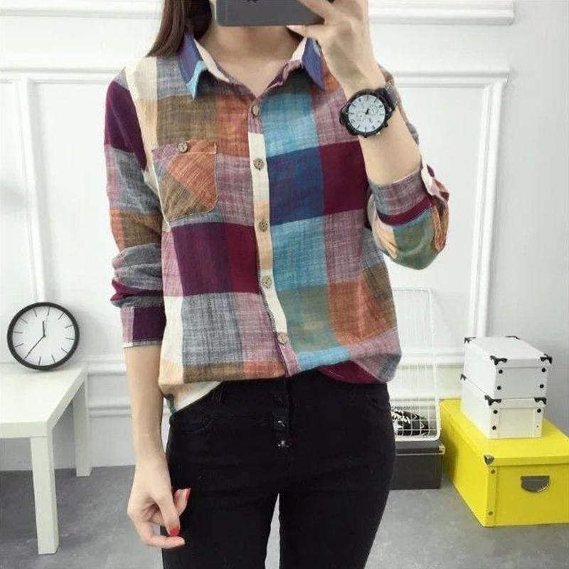 Весна Осень Винтаж Клетчатый Принт На Пуговицах Повседневные Рубашки Дамы Поло Элегантный Модный Топ Женщины Универсальный Пуловер Блузка