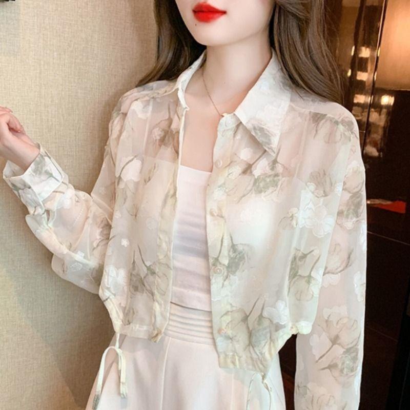 Fragmented Chiffon Shirt Sunscreen Clothing Women's Summer Long Sleeved Thin Cardigan Short Top