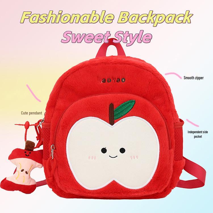 Autumn/Winter Fruit Pattern Plush Backpack for Kids - Cute Cross-Border Design for Boys and Girls.