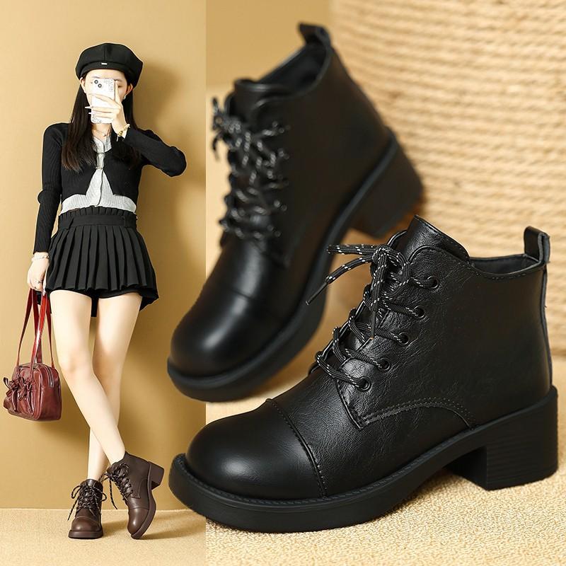 Ботинки мартинс женские в британском стиле зимние новые тонкие женские ботинки удобные на шнуровке толстый каблук средний каблук короткие ботинки женские