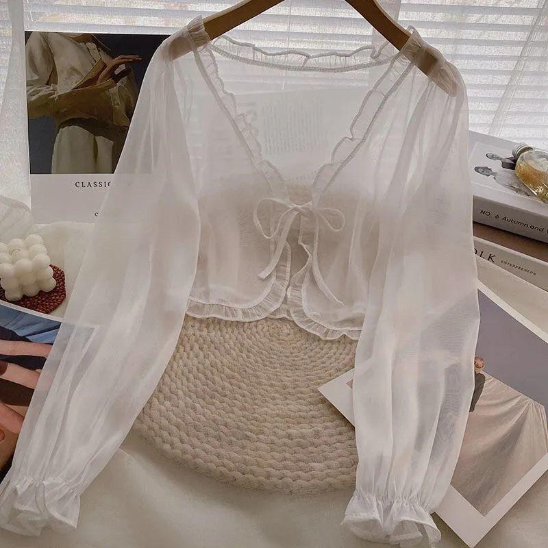 Shawl with Camisole Skirt and Outer Cover, Chiffon Cardigan, Women's Summer Student Sun Protection Jacket, Short Style