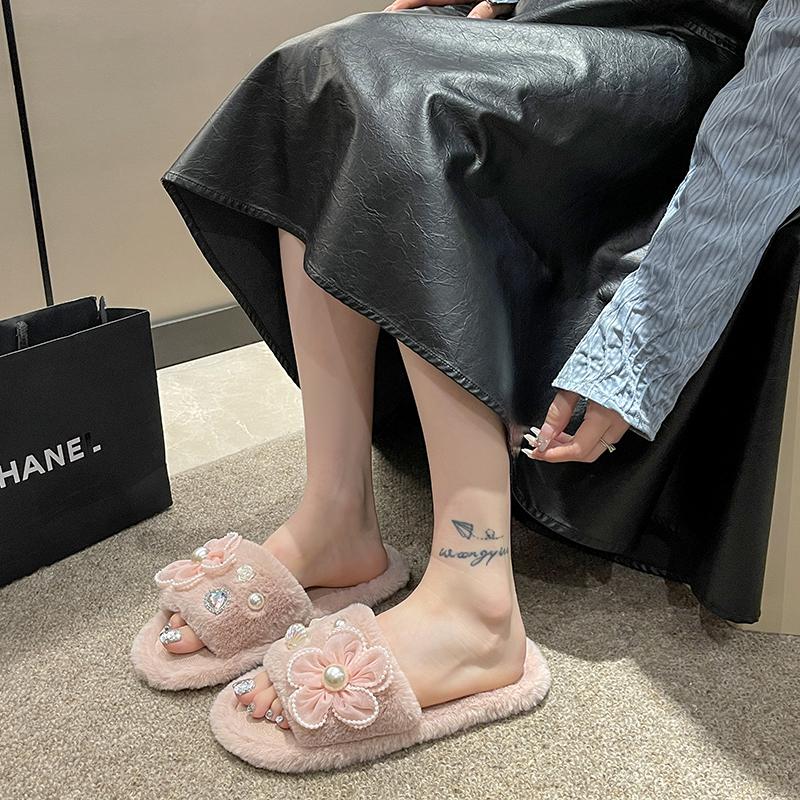 Fashion 2024 Winter New Women's Home Solid Color Flower Pearl Decorated Fluffy Furry Cotton Slippers