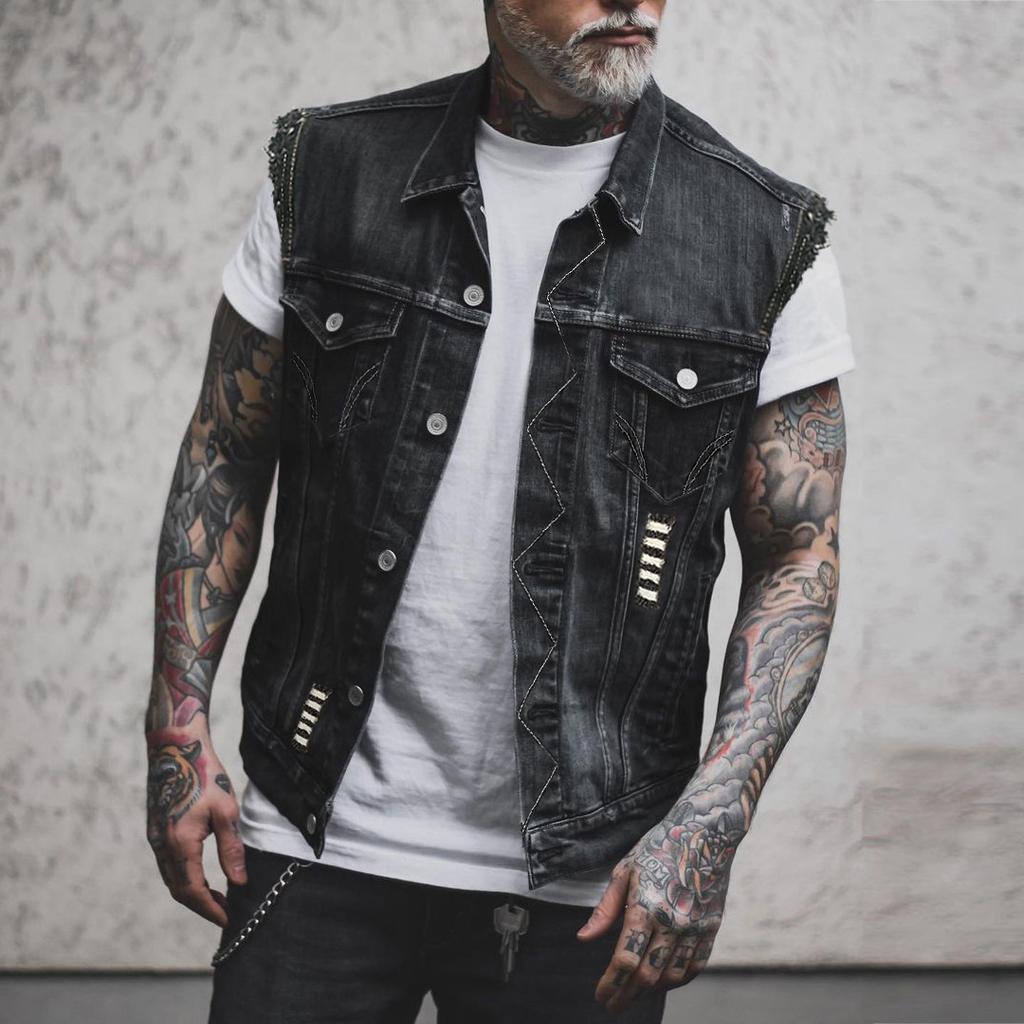2284 * Retro Motorcycle Print Sleeveless Denim Jacket Denim Vest Men's Motorcycle Casual Style