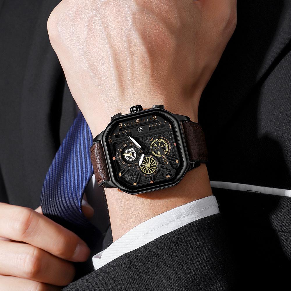 New Handsome Square Large Dial Temperament Low Profile Men's Belt Watch Personalized Design Quartz Watch