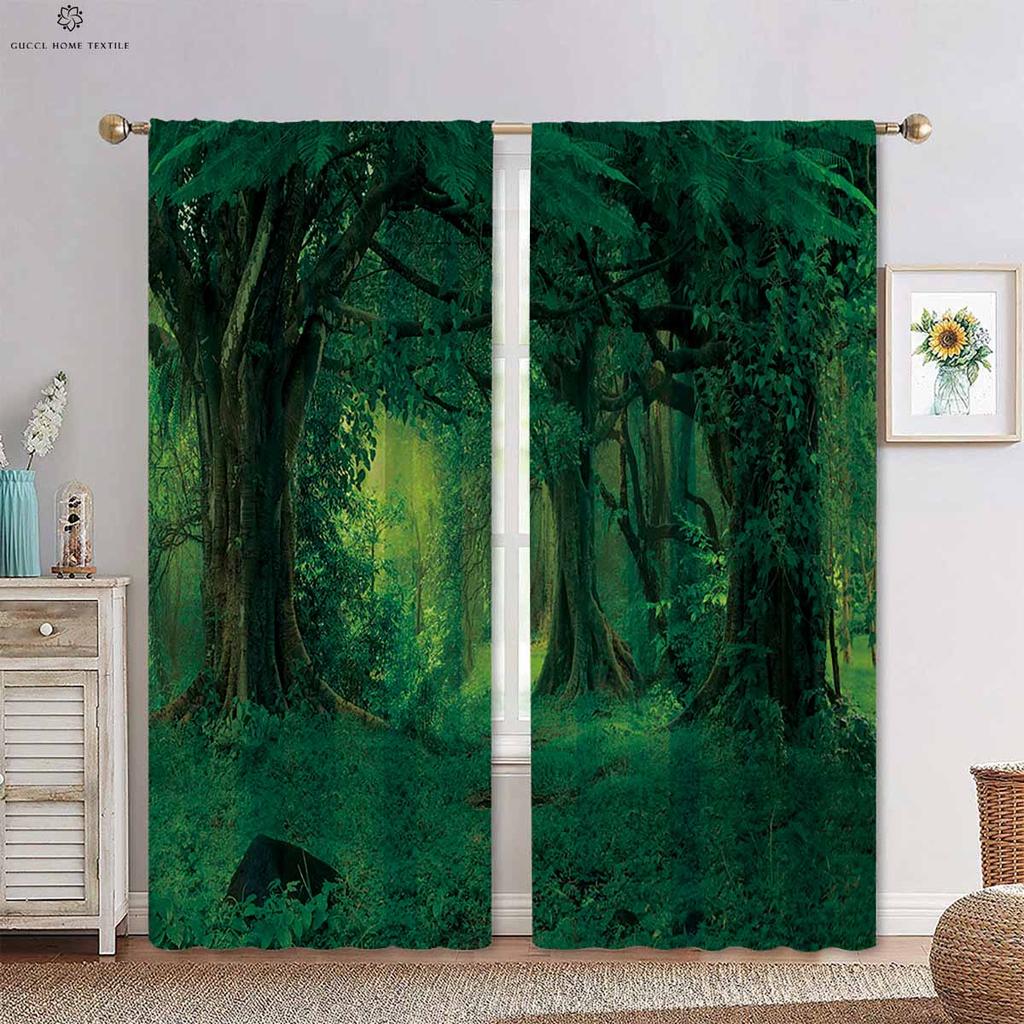 Green Forest Autumn Woods 3d Printing Curtains Tyndall Effect Bedroom Living Room Kitchen Decorative Curtains 2 Pieces
