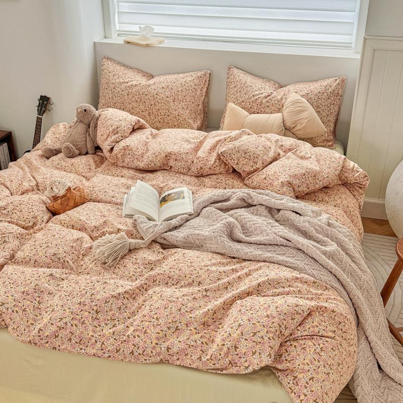 Постельное белье Набор из четырех предметов Приятный к коже Дышащий и Удобный, Мелкий цветочный Стиранные простыни Пододеяльники Наволочки