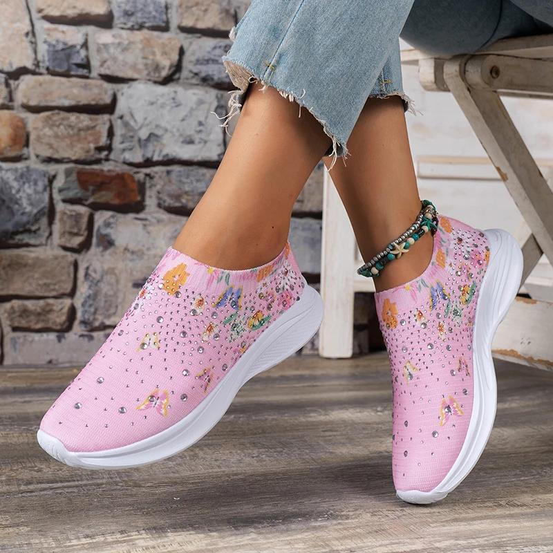 Женские дышащие кроссовки для бега с принтом, блестящие носки для ходьбы, женские кроссовки с мягкой подошвой, легкие кроссовки для женщин