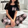 GMXIA Women's Plaid Homewear Pajamas Two Piece Set with Pockets Casual Comfortable Wearable Thin Pajamas