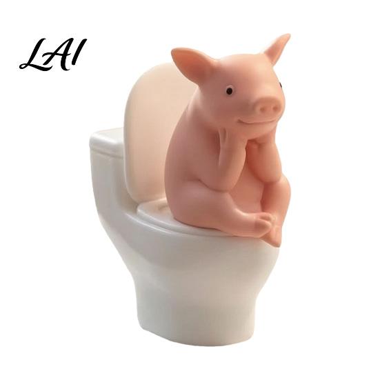 Toilet Pig Statue Miniature Pink Figurine Sitting on Thinking Ornament Statue Cartoon Farm Animal Decoration for Home Office Bathroom Figurine