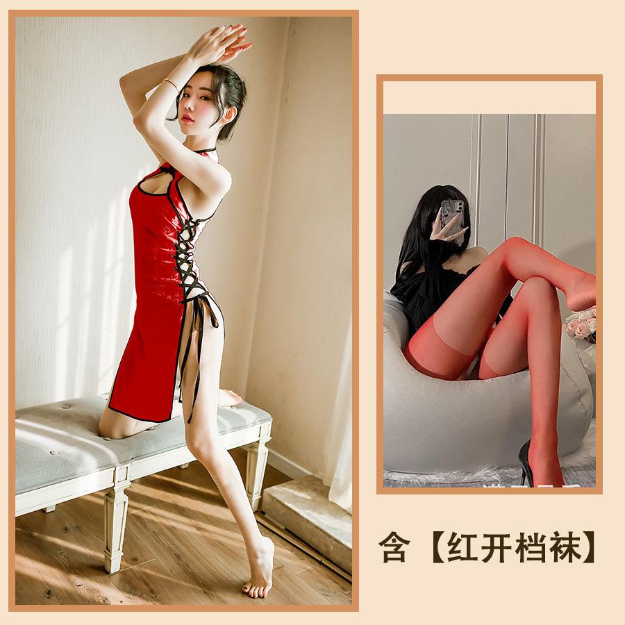 Sex underwear cheongsam dark flower straps temptation tight sexy hollow slit suit