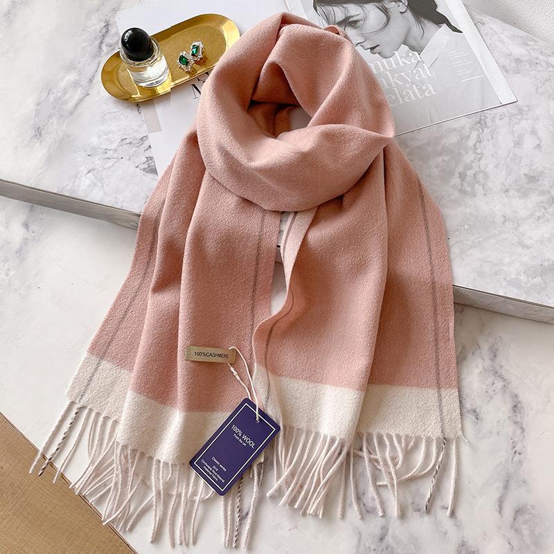 100 Pure Cashmere Scarf Women's Winter High-end Sense Versatile Contrasting Colors Double-sided Warm Couple Narrow Scarf