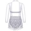 Girls Dance Costume Mesh Long Sleeve Shiny Sequins Hollow Back Patchwork Style Tassel Dress
