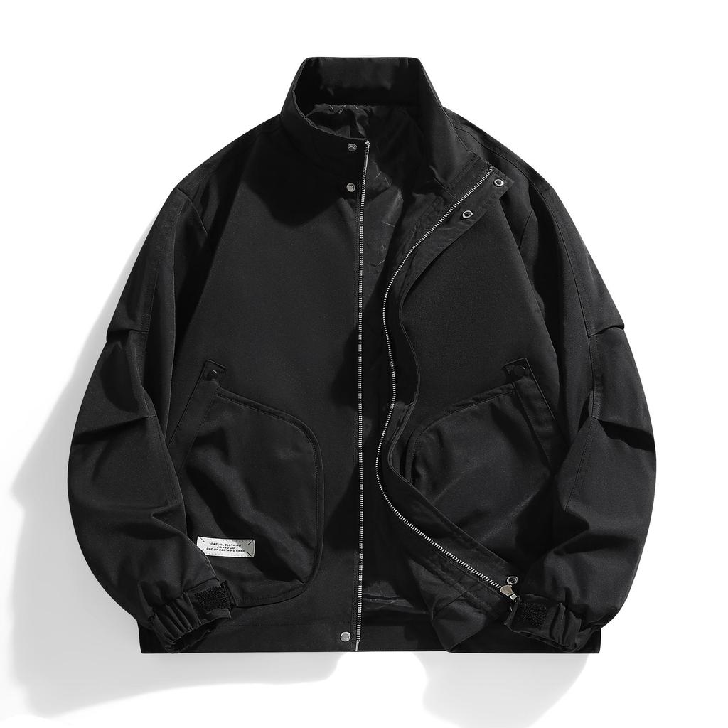 Мужская куртка 2025 года с воротником-стойкой, однотонная: Гонконгский стиль, Повседневный большой размер, Тонкое пальто в военно-промышленном стиле