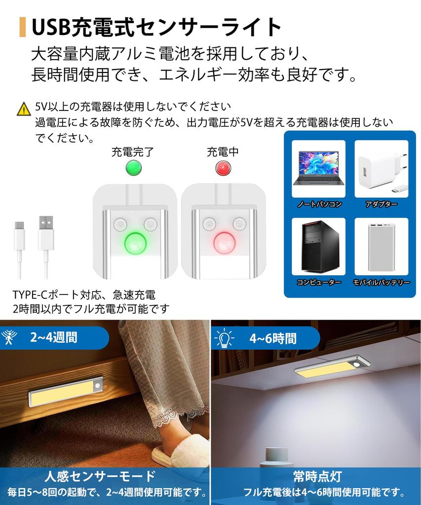 ZHOUMIN Motion Sensor Light, Indoor, Rechargeable LED Bar Light [Stepless Dimming & High-Sensitivity Sensor  3 Color Switching  Type-C Charging 