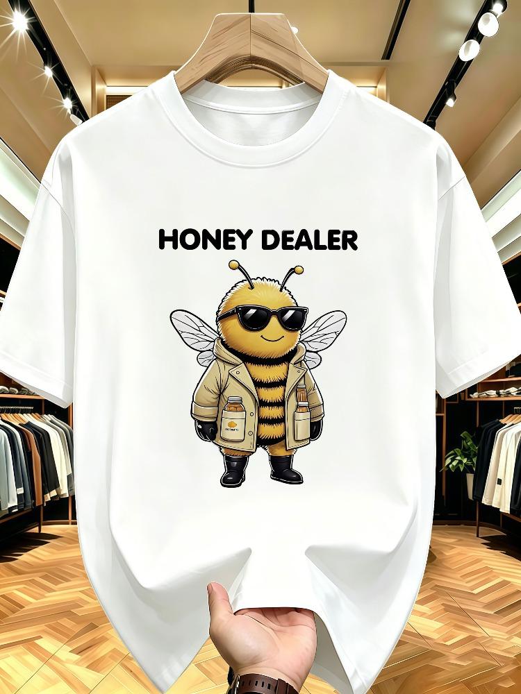 Unisex O Neck Tee Honey Dealer Bee Cartoon Print Cotton Short Sleeve Loose Summer Street Breathable Daily Casual Basic Wear Top