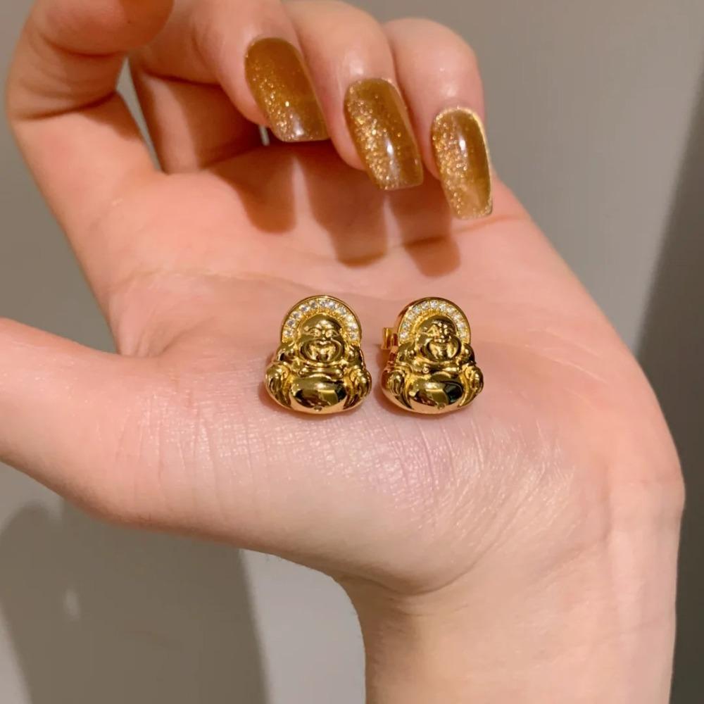 Gold Plated Mini Buddha Earrings Fashionable Elegant Diamond Inlaid Smiling Maitreya Earrings Jewelry