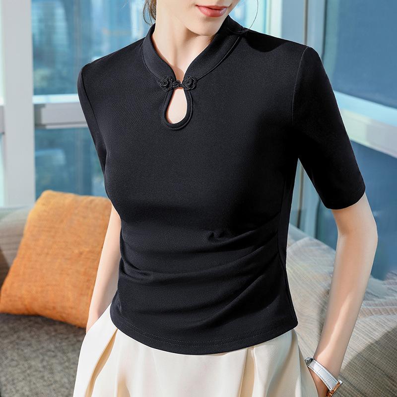 Женская новая футболка со средним рукавом для женщин, новая осенняя женская футболка в стиле ретро с пуговицами, в китайском стиле, с рукавом-пятью, белый топ с воротником-стойкой