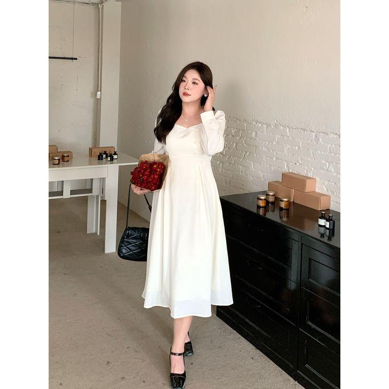 Belly Not Meat Plus Size Women's Clothing New Chinese Style Improved Cheongsam Dress Plus Size Ladies Temperament Waist-Controlled Slim White Dress