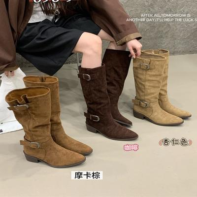 Винтажная пряжка ремня Высокие рыцарские сапоги Толстый каблук Узкие ковбойские сапоги Женские сапоги до колена